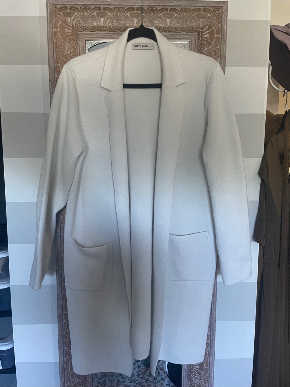 Grace Karin Off-White Open-Front Long Coat
